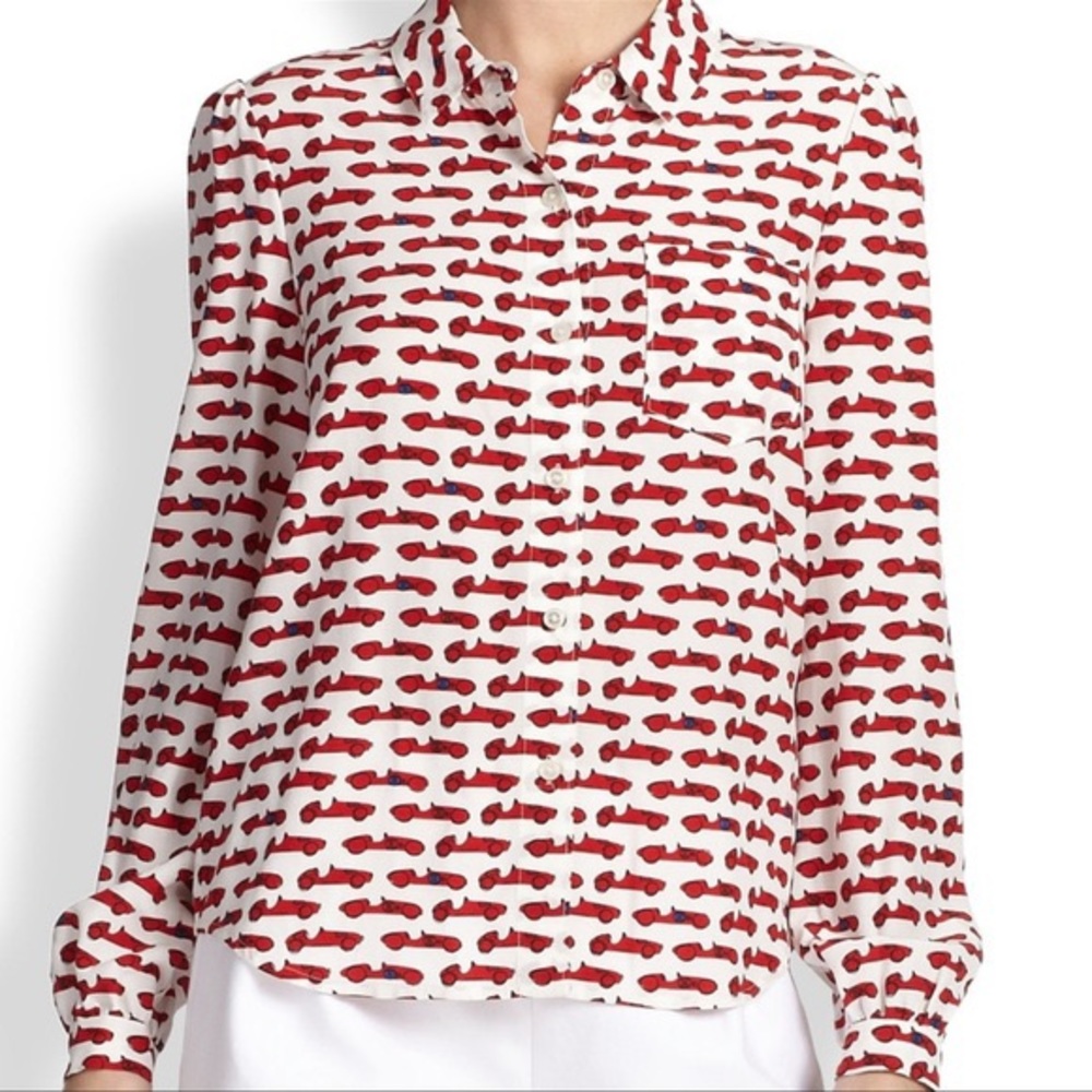 KATE SPADE | size 4 | Red Race Car Patterned white button up Dress Shirt Blouse